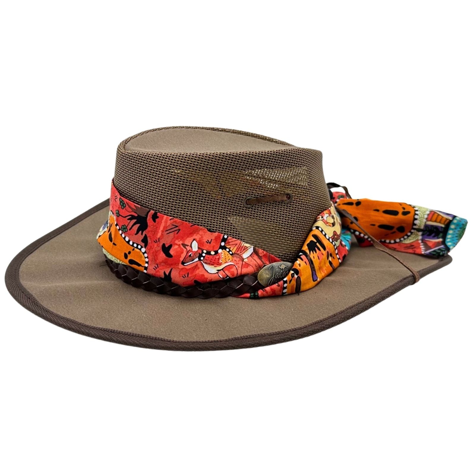 A Brown and multicolored Jacaru 104A Ladies Camper hat with a scarf, made of canvas with a mesh crown, designed for ventilation.