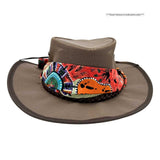 Brown Ladies Camper Hat with a colorful scarf on a white background