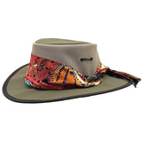 Khaki Ladies Camper Hat with a colorful scarf on a white background