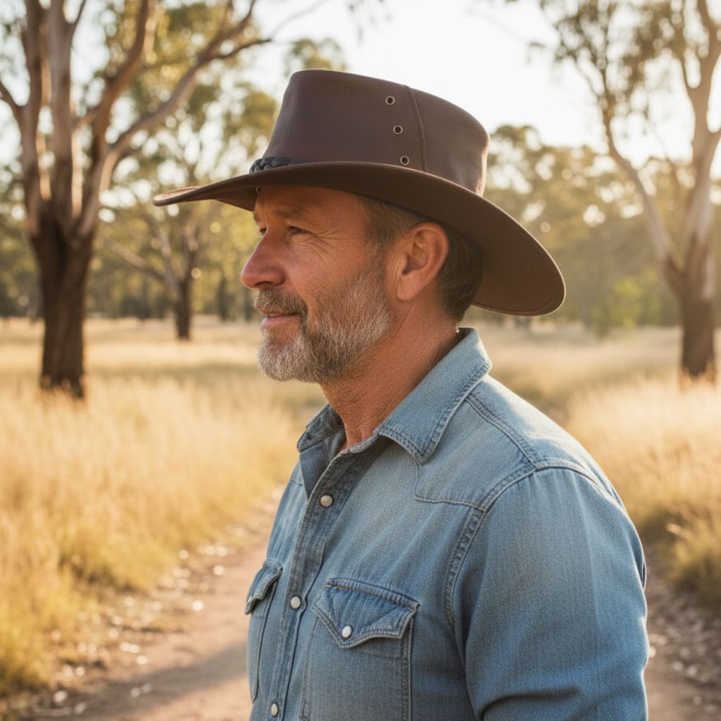 Man wearing a brown hat and denim shirt standing in a field with trees in the background