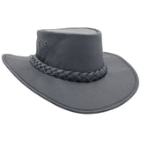 Side profile of black kangaroo leather hat 