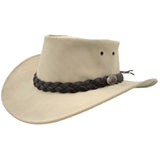 Side profile of sand kangaroo leather hat with logo badge