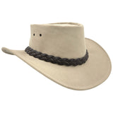 Sand leather outback hat with dark braided hatband