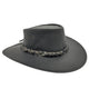 A Black kangaroo leather hat with a moldable wire brim and a braided band, made in Australia.