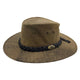 A Stonewash kangaroo leather hat with a moldable wire brim and a braided band, made in Australia.