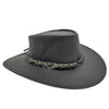 A Black kangaroo leather hat with a moldable wire brim and a braided band, made in Australia.