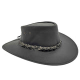 A Black kangaroo leather hat with a moldable wire brim and a braided band, made in Australia.