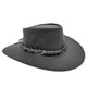 A Black kangaroo leather hat with a moldable wire brim and a braided band, made in Australia.