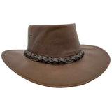 A brown kangaroo leather hat with a moldable wire brim and a braided band, made in Australia.