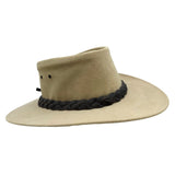 Jacaru 1001P sand kangaroo leather hat with black braided band and brass logo emblem.