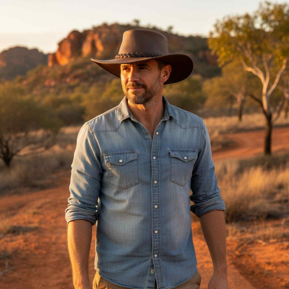 Man wearing a cowboy hat and denim shirt standing in a desert landscape with mountains in the background.