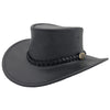 A black waxed leather hat with a wide brim and a braided leather band featuring a metal buckle.