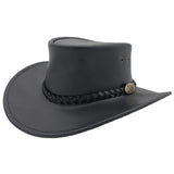 A black waxed leather hat with a wide brim and a braided leather band featuring a metal buckle.