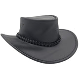 A black waxed leather hat with a wide brim and a braided leather band 
