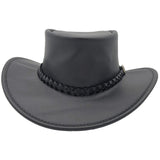 front viewblack waxed leather hat with a wide brim and a braided leather band 