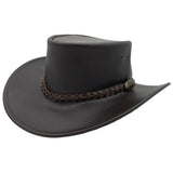 A black waxed leather hat with a wide brim and a braided leather band featuring a metal buckle.
