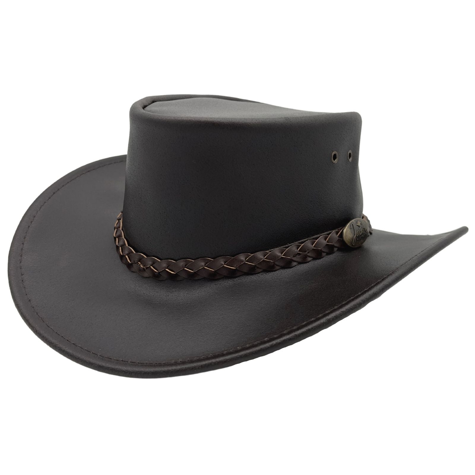 A black waxed leather hat with a wide brim and a braided leather band featuring a metal buckle.