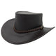 A black waxed leather hat with a wide brim and a braided leather band featuring a metal buckle.
