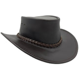 A brown waxedhat with a braided leather band featuring a metal buckle.