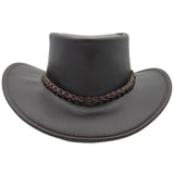 A brown waxedhat with a braided leather band featuring a metal buckle.