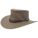 A brown waxed leather hat with a wide brim and a braided leather band featuring a metal buckle.