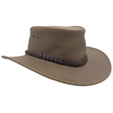 A brown waxed leather hat with a wide brim and a braided leather band.