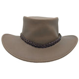 A taupe waxed leather hat with a wide brim and a braided leather band. 