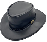 A black waxedhat with a braided leather band featuring a metal buckle.