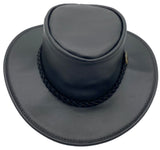 A black waxedhat with a braided leather band featuring a metal buckle.