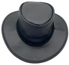 A black waxed  hat with a braided leather band featuring a metal buckle.