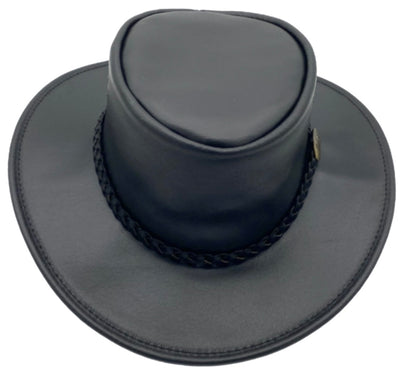 A black waxedhat with a braided leather band featuring a metal buckle.