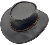 A black waxedhat with a braided leather band featuring a metal buckle.