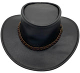 A brown waxedhat with a braided leather band featuring a metal buckle.