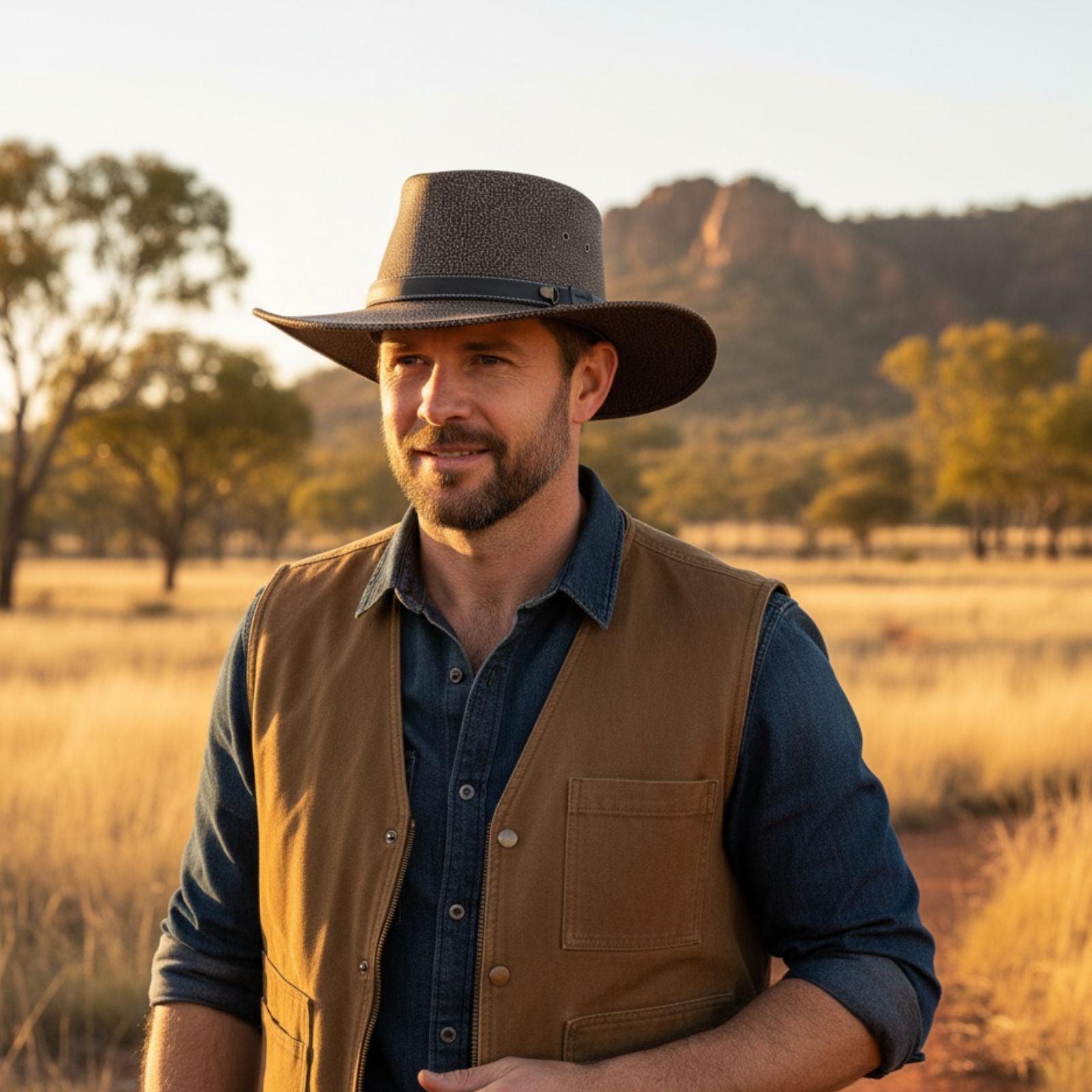 A man with a beard and a light smile. He is Jacaru Brown Rustic Explorer Hat - Limited Edition