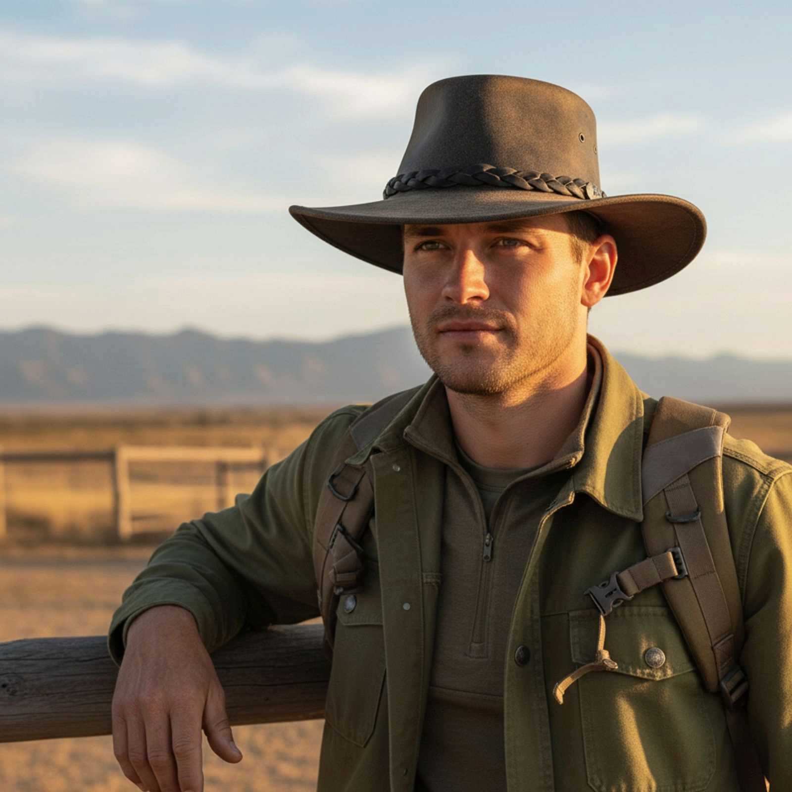 Man in outdoor attire with a Explorer Hat and backpack, standing against a scenic background.