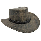 A brown Jacaru 1004 Explorer hat with a leather band and a unique stonewash color, displayed on a white background.