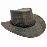A brown Jacaru 1004 Explorer hat with a leather band and a unique stonewash color, displayed on a white background.