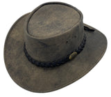 A brown Jacaru 1004 Explorer hat with a leather band and a unique stonewash color, displayed on a white background.