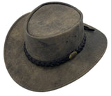 A brown Jacaru 1004 Explorer hat with a leather band and a unique stonewash color, displayed on a white background.