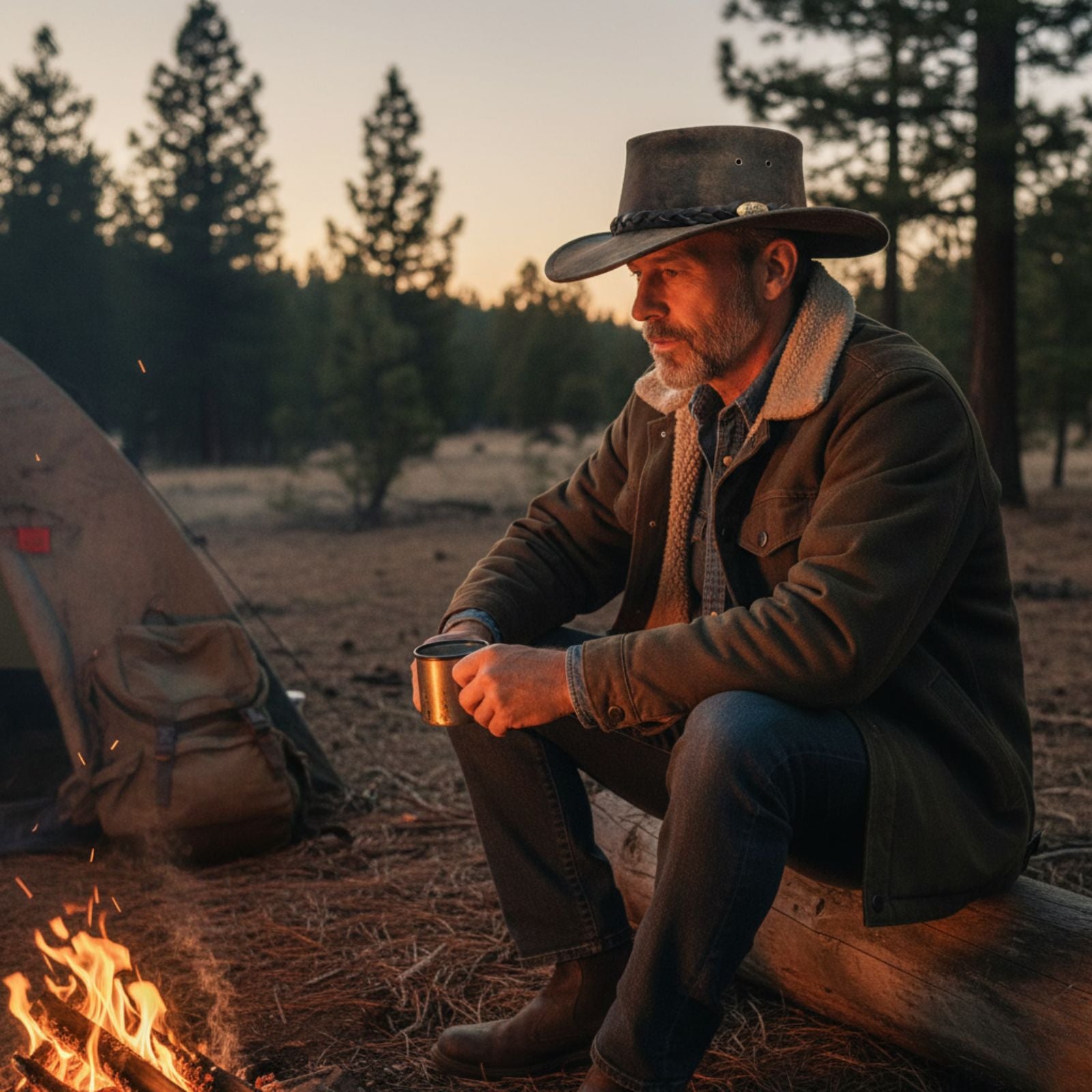 Man in a Explorer Hat sitting by a campfire in a forest at sunset.