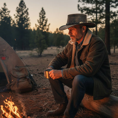 Man in a Explorer Hat sitting by a campfire in a forest at sunset.