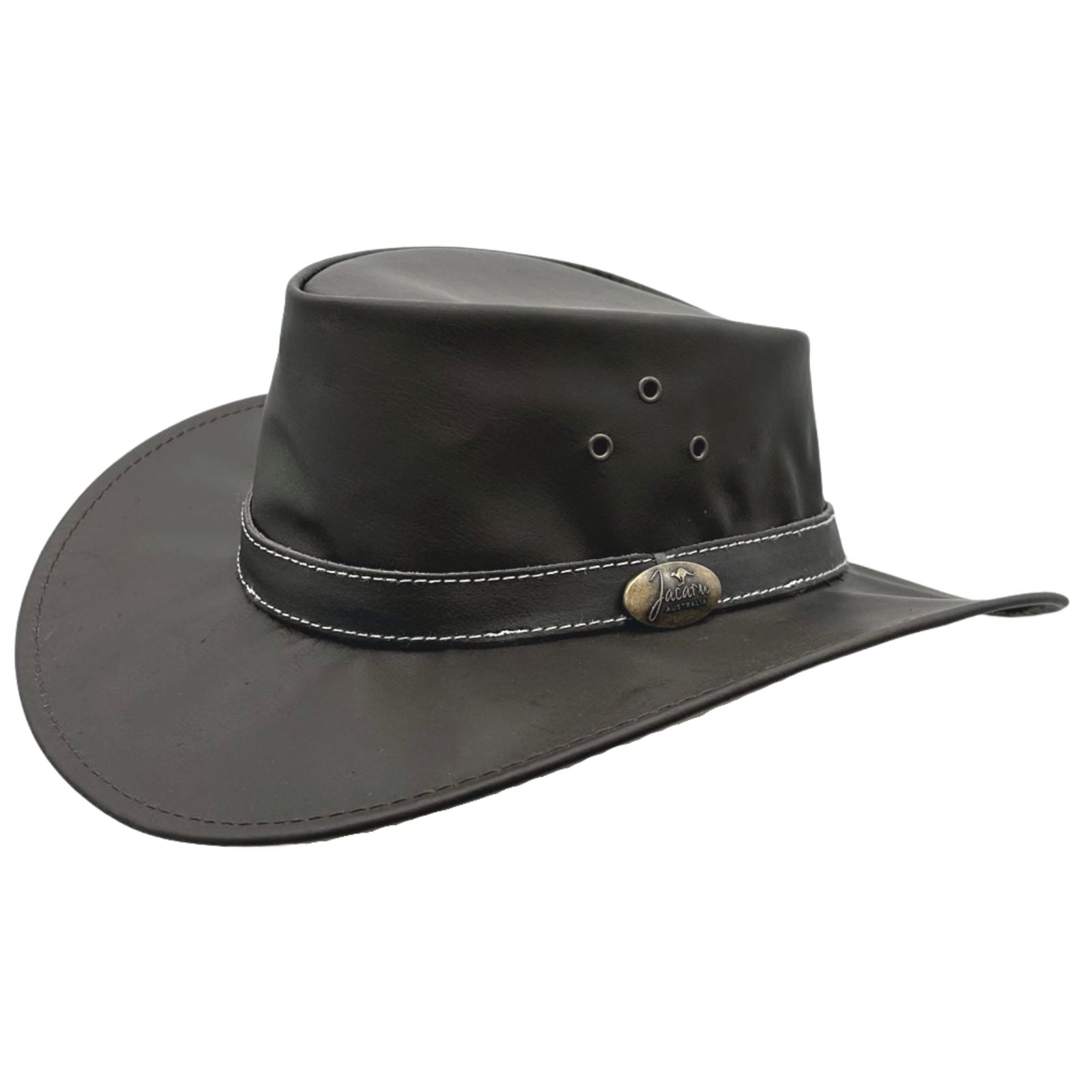 A black Jacaru 1005 Kangaroo Featherweight hat with eyelets and a Kangaroo leather band, made in Australia.