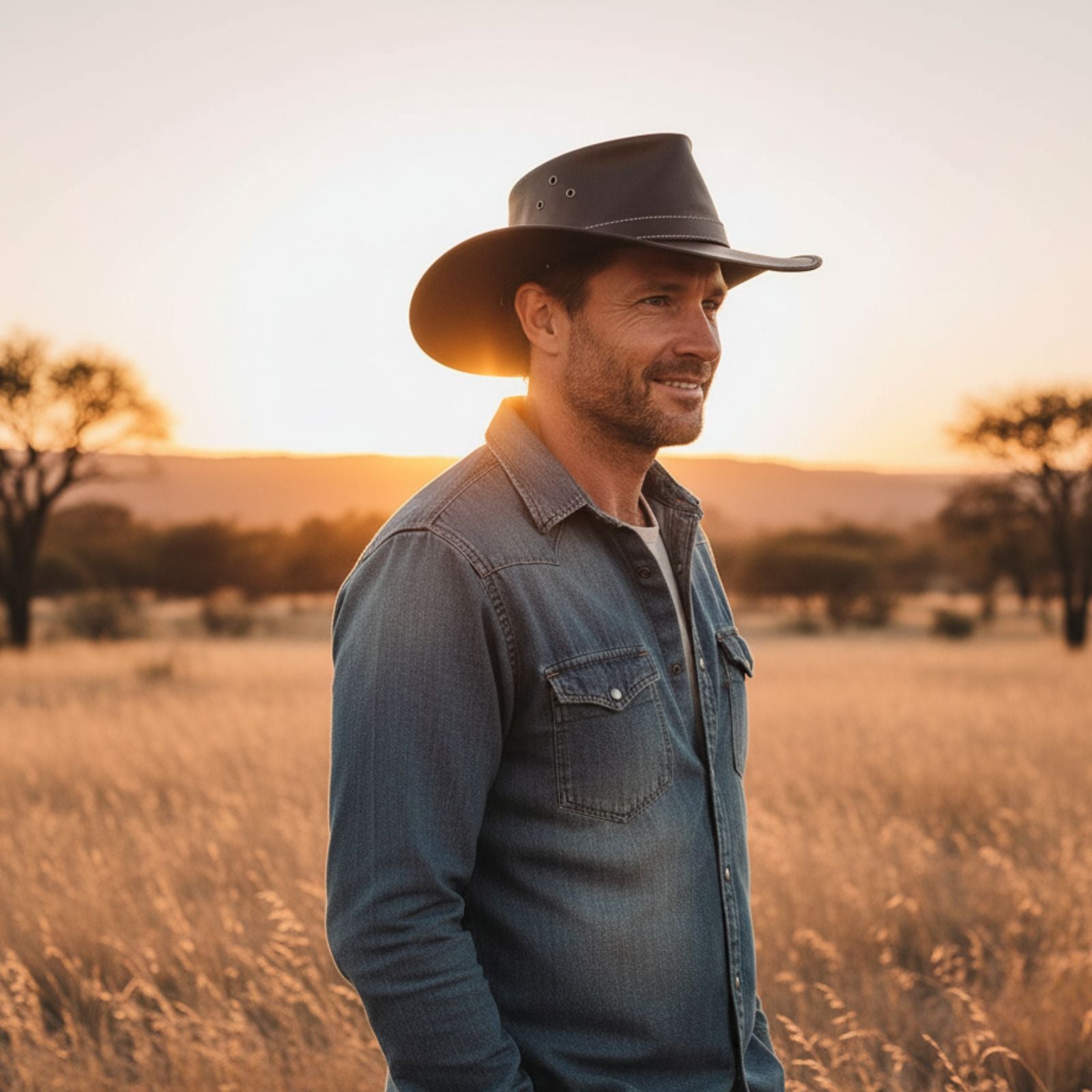 Man wearing a cowboy hat and denim jacket standing in a field at sunset.