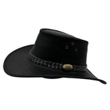 Black cowboy hat with a braided leather band on a white background