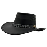 Black cowboy hat with braided leather band on a white background