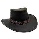 Brown leather hat with braided band on a white background
