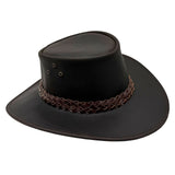 Black leather hat with braided brown band on a white background