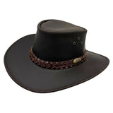 Brown leather hat with braided band on a white background