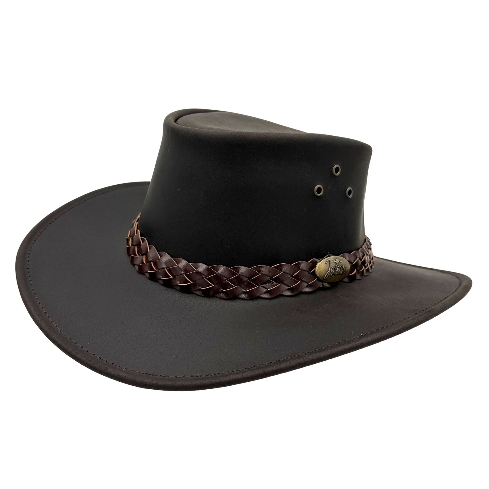 Brown leather hat with braided band on a white background