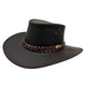 Brown leather hat with braided band on a white background